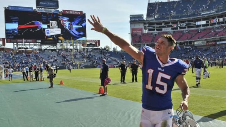 Oct 11, 2015; Nashville, TN, USA; Buffalo Bills wide receiver Chris Hogan (15) tosses his gloves to the fans as he leaves the field after defeating the Tennessee Titans at Nissan Stadium. Buffalo won 14-13. Mandatory Credit: Jim Brown-USA TODAY Sports