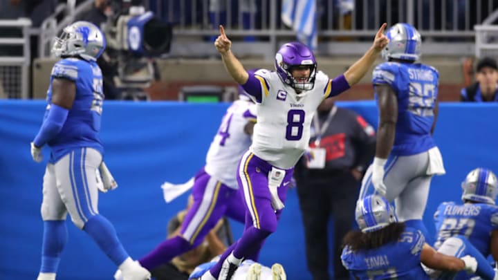 DETROIT, MICHIGAN - OCTOBER 20: Kirk Cousins #8 of the Minnesota Vikings reacts to a late fourth quarter touchdown run by Dalvin Cook #33 to seal the game against the Detroit Lions at Ford Field on October 20, 2019 in Detroit, Michigan. (Photo by Gregory Shamus/Getty Images)