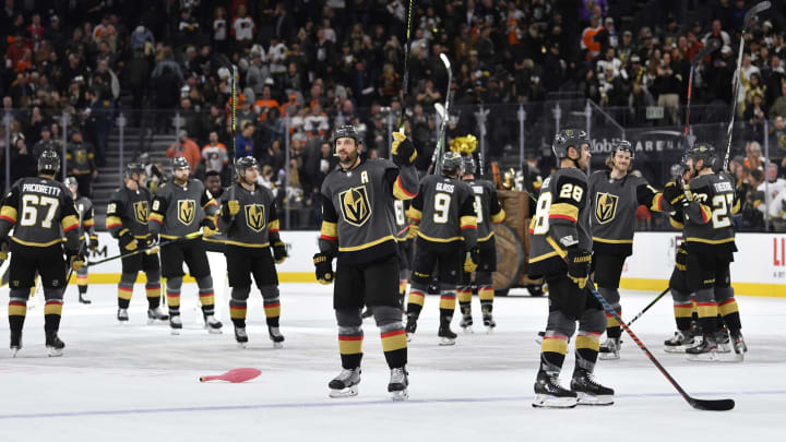 LAS VEGAS, NEVADA – JANUARY 02: The Vegas Golden Knights celebrate after defeating the Philadelphia Flyers at T-Mobile Arena on January 02, 2020 in Las Vegas, Nevada. (Photo by Jeff Bottari/NHLI via Getty Images)