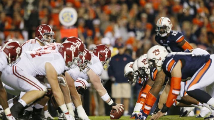 AUBURN, AL - NOVEMBER 30: The line of scrimmage as the Alabama Crimson Tide line up against the Auburn Tigers in the third quarter at Jordan-Hare Stadium on November 30, 2013 in Auburn, Alabama. (Photo by Kevin C. Cox/Getty Images)