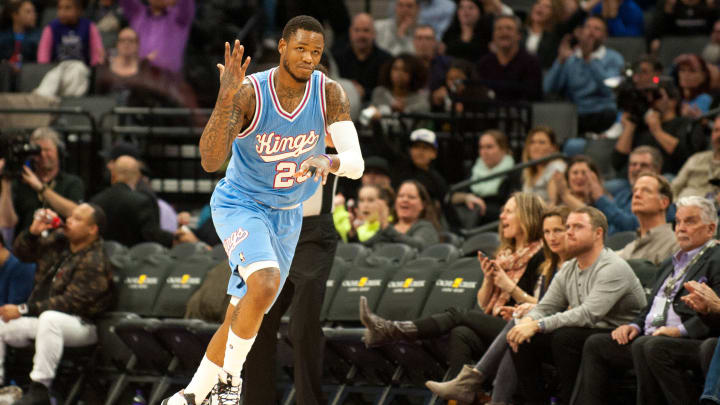 Feb 10, 2017; Sacramento, CA, USA; Sacramento Kings guard Ben McLemore (23) celebrates after making a three point basket during the fourth quarter of the game against the Atlanta Hawks at Golden 1 Center. The Sacramento Kings defeated the Atlanta Hawks 108-107. Mandatory Credit: Ed Szczepanski-USA TODAY Sports