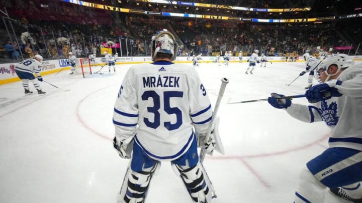 Jan 11, 2022; Las Vegas, Nevada, USA; Toronto Maple Leafs goaltender Petr Mrazek (35) looks on during warmups before the start of the game against the Vegas Golden Knights at T-Mobile Arena. Mandatory Credit: Stephen R. Sylvanie-USA TODAY Sports