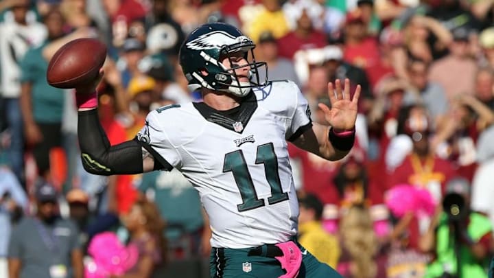 Oct 16, 2016; Landover, MD, USA; Philadelphia Eagles quarterback Carson Wentz (11) throws the ball against the Washington Redskins in the third quarter at FedEx Field. The Redskins won 27-20. Mandatory Credit: Geoff Burke-USA TODAY Sports