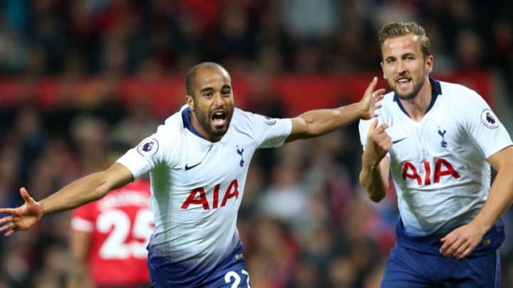 MANCHESTER, ENGLAND - AUGUST 27: Lucas Moura of Tottenham Hotspur celebrates with team mate Harry Kane after scoring his team's second goal during the Premier League match between Manchester United and Tottenham Hotspur at Old Trafford on August 27, 2018 in Manchester, United Kingdom. (Photo by Tottenham Hotspur FC/Tottenham Hotspur FC via Getty Images)