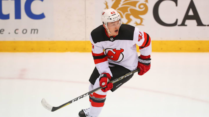NEWARK, NJ - JULY 14: New Jersey Devils forward Joey Anderson (49) skates during the New Jersey Devils Development Camp on July 14, 2018 at the Prudential Center in Newark, NJ. (Photo by Rich Graessle/Icon Sportswire via Getty Images)