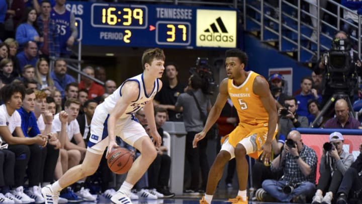 Christian Braun #2 of Kansas basketball in action against Josiah-Jordan James #5 of the Tennessee Volunteers. (Photo by Ed Zurga/Getty Images)
