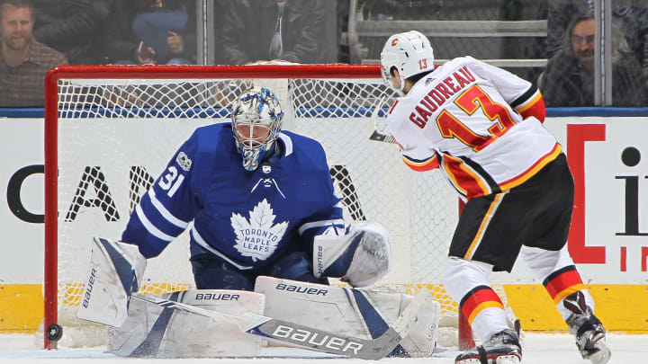 TORONTO,ON – DECEMBER 6: Johnny Gaudreau #13 of the Calgary Flames on Frederik Andersen (Photo by Claus Andersen/Getty Images)