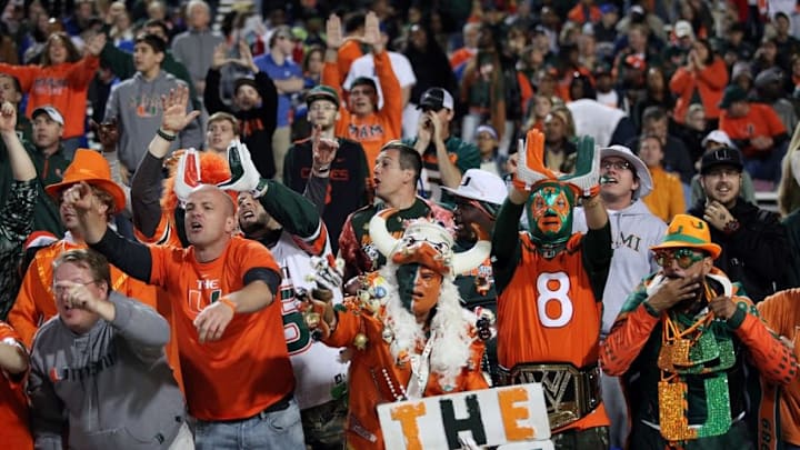 Oct 31, 2015; Durham, NC, USA; Miami Hurricanes fans cheer on their team against the Duke Blue Devils in their game at Wallace Wade Stadium. Mandatory Credit: Mark Dolejs-USA TODAY Sports