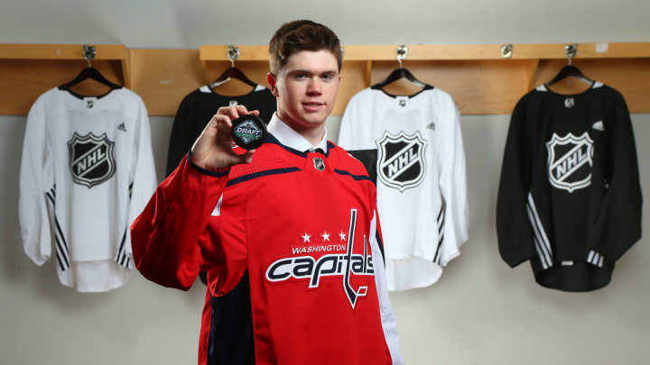 VANCOUVER, BRITISH COLUMBIA – JUNE 21: Connor McMichael, 25th overall pick of the Washington Capitals, poses for a portrait during the first round of the 2019 NHL Draft at Rogers Arena on June 21, 2019 in Vancouver, Canada. (Photo by Andre Ringuette/NHLI via Getty Images)