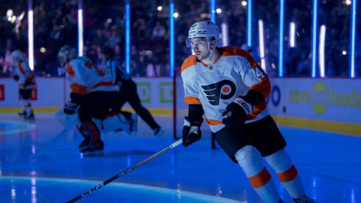 Feb 18, 2023; Vancouver, British Columbia, CAN; Philadelphia Flyers forward Noah Cates (49) skates prior to the start of a game against the Vancouver Canucks at Rogers Arena. Mandatory Credit: Bob Frid-USA TODAY Sports
