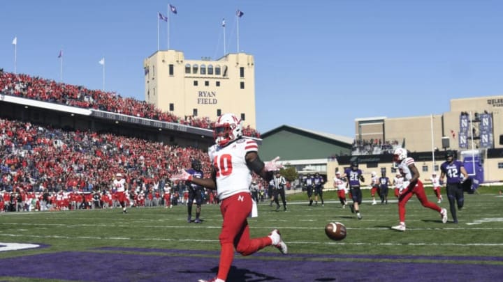 EVANSTON, IL- OCTOBER 13: JD Spielman #10 of the Nebraska Cornhuskers celebrates his touchdown against the Northwestern Wildcats during the first half on October 13, 2018 at Ryan Field in Evanston, Illinois. (Photo by David Banks/Getty Images)