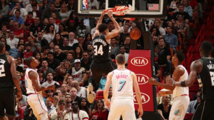 MIAMI, FL – FEBRUARY 9: Giannis Antetokounmpo #34 of the Milwaukee Bucks drives to the basket during the game against the Miami Heat on February 9, 2018 at American Airlines Arena in Miami, Florida. NOTE TO USER: User expressly acknowledges and agrees that, by downloading and or using this photograph, user is consenting to the terms and conditions of the Getty Images License Agreement. Mandatory Copyright Notice: Copyright 2018 NBAE (Photo by Issac Baldizon/NBAE via Getty Images)