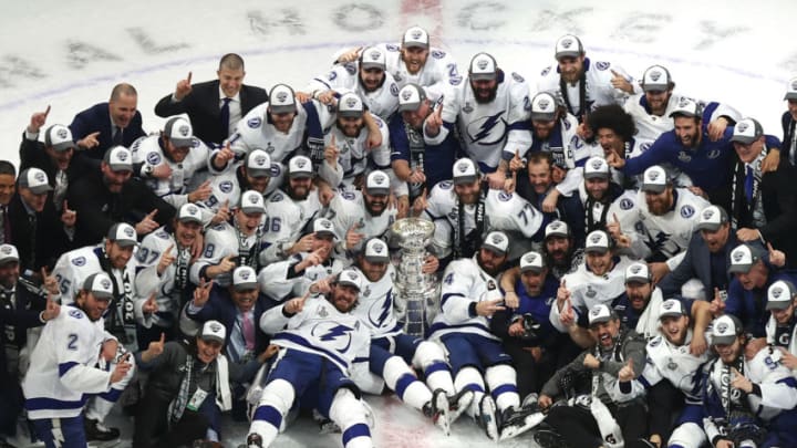 EDMONTON, ALBERTA - SEPTEMBER 28: The Tampa Bay Lightning pose for their team photo with the Stanley Cup following the series-winning victory over the Dallas Stars in Game Six of the 2020 NHL Stanley Cup Final at Rogers Place on September 28, 2020 in Edmonton, Alberta, Canada. (Photo by Bruce Bennett/Getty Images)
