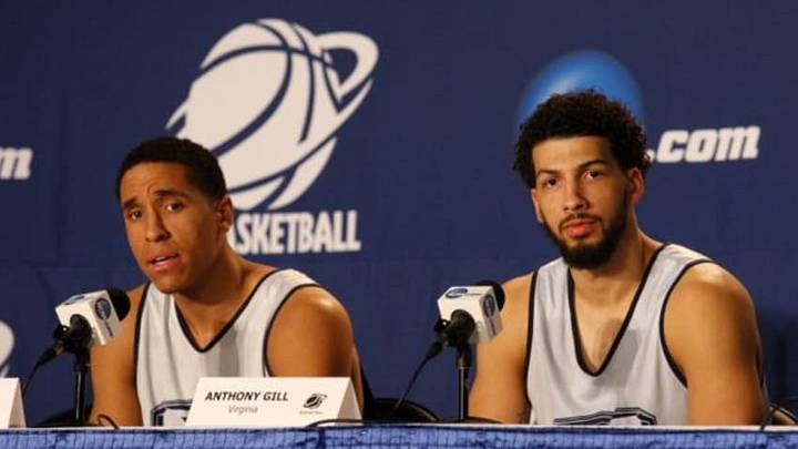 Mar 19, 2015; Charlotte, NC, USA; Virginia Cavaliers guard Malcolm Brogdon (15) and Virginia Cavaliers forward Anthony Gill (13) speak to the media during practice before the second round of the 2015 NCAA Tournament at Time Warner Cable Arena. Mandatory Credit: Jeremy Brevard-USA TODAY Sports