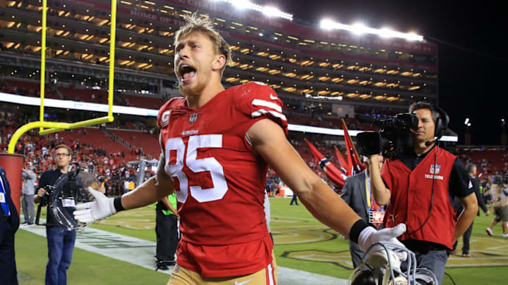 SANTA CLARA, CA - NOVEMBER 01: George Kittle #85 of the San Francisco 49ers walks off the field after defeating the Oakland Raiders 34-3 in their NFL game at Levi's Stadium on November 1, 2018 in Santa Clara, California. (Photo by Daniel Shirey/Getty Images)