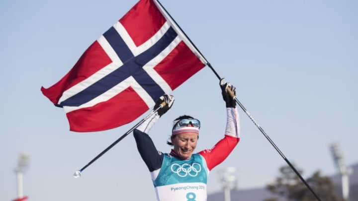 PYEONGCHANG-GUN, SOUTH KOREA - FEBRUARY 25: Marit Bjoergen of Norway celebrates her gold during womens 30k Mass Start Classic Technique at Alpensia Cross-Country Centre on February 25, 2018 in Pyeongchang-gun, South Korea. (Photo by Nils Petter Nilsson/Getty Images)