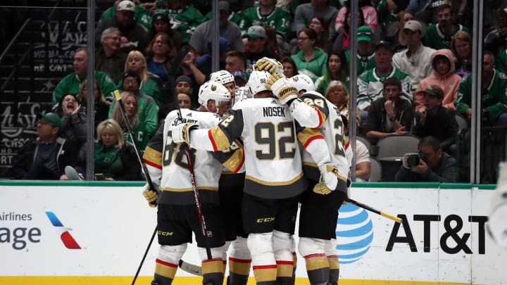 DALLAS, TEXAS – NOVEMBER 25: The Vegas Golden Knights celebrate a goal by Shea Theodore #27 against the Dallas Stars in the second period at American Airlines Center on November 25, 2019 in Dallas, Texas. (Photo by Ronald Martinez/Getty Images)