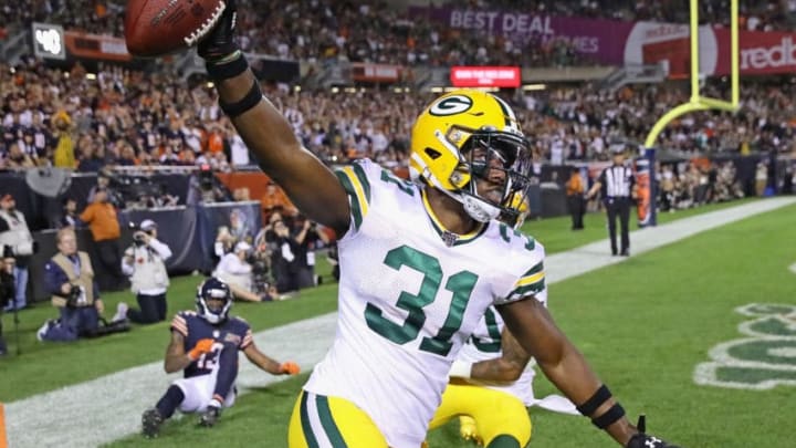 CHICAGO, ILLINOIS - SEPTEMBER 05: Adrian Amos #31 of the Green Bay Packers celebrates after intercepting a pass in the end zone against the Chicago Bears at Soldier Field on September 05, 2019 in Chicago, Illinois. The Packers defeated the Bears 10-3. (Photo by Jonathan Daniel/Getty Images)