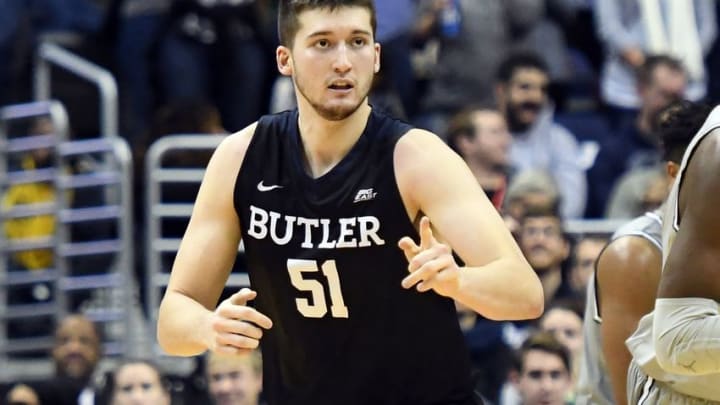 Jan 7, 2017; Washington, DC, USA; Butler Bulldogs center Nate Fowler (51) reacts after making a basket during overtime against the Georgetown Hoyas at Verizon Center. Butler Bulldogs defeated Georgetown Hoyas 85-76 in overtime. Mandatory Credit: Tommy Gilligan-USA TODAY Sports