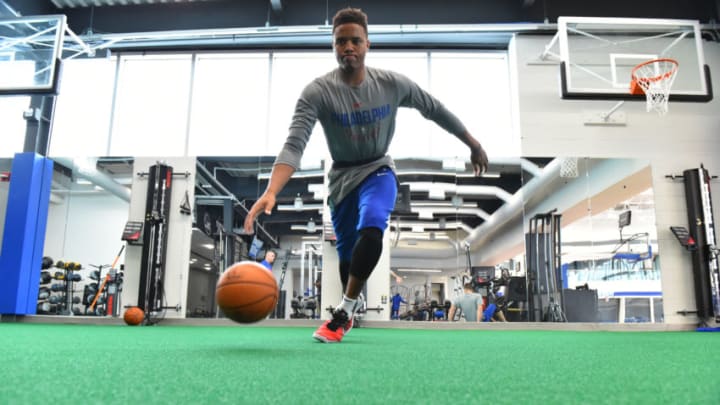 CAMDEN, NJ - SEPTEMBER 27: Markelle Fultz #20 of the Philadelphia 76ers warms up before practice on September 27, 2017 at the Sixers Training Complex in Camden, New Jersey. NOTE TO USER: User expressly acknowledges and agrees that, by downloading and or using this photograph, User is consenting to the terms and conditions of the Getty Images License Agreement. Mandatory Copyright Notice: Copyright 2017 NBAE (Photo by Jesse D. Garrabrant/NBAE via Getty Images)