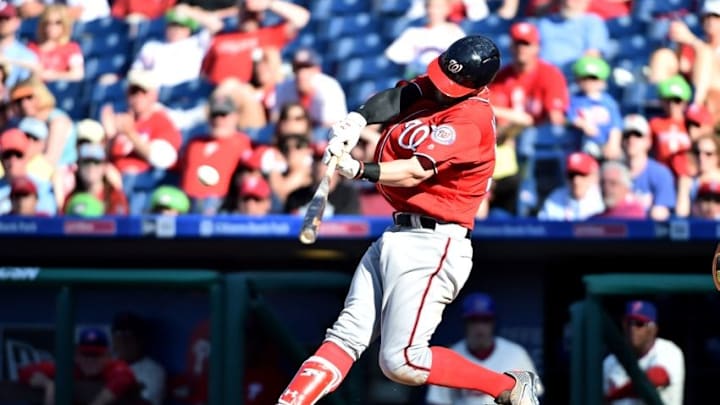 Apr 17, 2016; Philadelphia, PA, USA; Washington Nationals right fielder Bryce Harper (34) hits a home run during the tenth inning against the Philadelphia Phillies at Citizens Bank Park. The Phillies defeated the Nationals 3-2 in 10 innings. Mandatory Credit: Eric Hartline-USA TODAY Sports