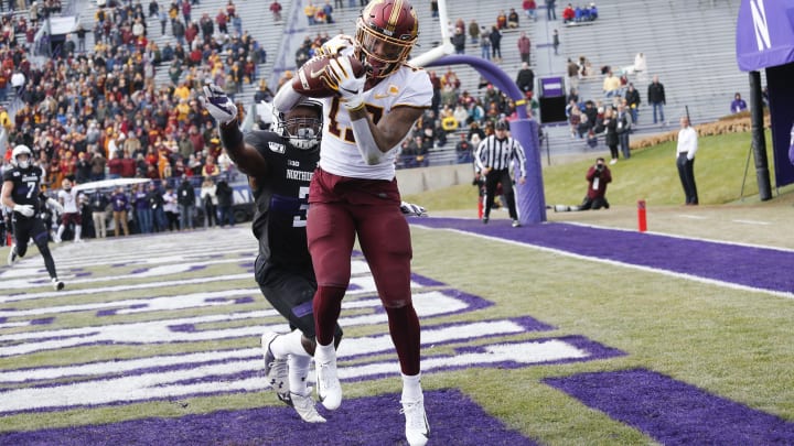 EVANSTON, ILLINOIS – NOVEMBER 23: Rashod Bateman #13 of the Minnesota Golden Gophers scores a touchdown during the second half against the Northwestern Wildcats at Ryan Field on November 23, 2019 in Evanston, Illinois. (Photo by Nuccio DiNuzzo/Getty Images)