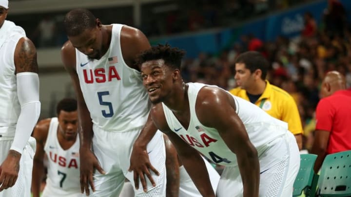 Aug 17, 2016; Rio de Janeiro, Brazil; USA forward Jimmy Butler (4) reacts on the bench during the men's basketball quarterfinals in the Rio 2016 Summer Olympic Games at Carioca Arena 1. Mandatory Credit: Jeff Swinger-USA TODAY Sports