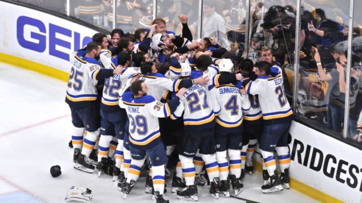BOSTON, MA - JUNE 12: St. Louis Blues players celebrate their first Stanley Cup title in franchise history. During Game 7 of the Stanley Cup Finals featuring the St. Louis Blues against the Boston Bruins on June 12, 2019 at TD Garden in Boston, MA. (Photo by Michael Tureski/Icon Sportswire via Getty Images)