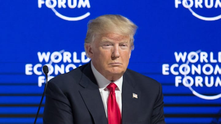 DAVOS, Jan. 26, 2018 -- U.S. President Donald Trump attends the 48th annual meeting of the World Economic Forum (WEF) in Davos, Switzerland, on Jan. 26, 2018. U.S. President Donald Trump said Friday that he would always put America first when it came to trade, but 'America First' does not mean America alone. (Xinhua/Xu Jinquan via Getty Images)