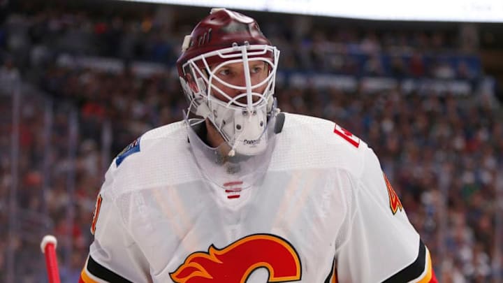 DENVER, CO - APRIL 17: Calgary Flames goalie Mike Smith (41) during a Western Conference match-up in the first round of the Stanley Cup Playoffs on April 17, 2019 at the Pepsi Center in Denver, CO. (Photo by Russell Lansford/Icon Sportswire via Getty Images)