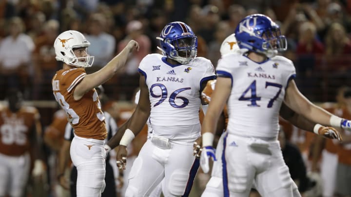 AUSTIN, TX – NOVEMBER 11: Mitchell Becker #38 of the Texas Longhorns reacts to a field goal attempt in the second quarter against the Kansas Jayhawks at Darrell K Royal-Texas Memorial Stadium on November 11, 2017 in Austin, Texas. (Photo by Tim Warner/Getty Images)