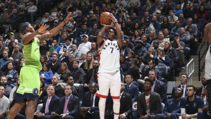 MINNEAPOLIS, MN - JANUARY 20: Kyle Lowry #7 of the Toronto Raptors shoots the ball against the Minnesota Timberwolves on January 20, 2018 at Target Center in Minneapolis, Minnesota. NOTE TO USER: User expressly acknowledges and agrees that, by downloading and or using this Photograph, user is consenting to the terms and conditions of the Getty Images License Agreement. Mandatory Copyright Notice: Copyright 2018 NBAE (Photo by David Sherman/NBAE via Getty Images)