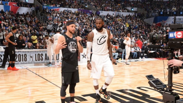 LOS ANGELES, CA - FEBRUARY 18: Stephen Curry #30 and LeBron James #23 speak to the crowd during the NBA All-Star Game as a part of 2018 NBA All-Star Weekend at STAPLES Center on February 18, 2018 in Los Angeles, California. NOTE TO USER: User expressly acknowledges and agrees that, by downloading and/or using this photograph, user is consenting to the terms and conditions of the Getty Images License Agreement. Mandatory Copyright Notice: Copyright 2018 NBAE (Photo by Andrew D. Bernstein/NBAE via Getty Images)