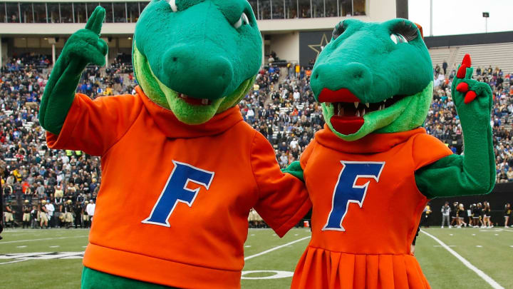 NASHVILLE, TN – OCTOBER 13: Mascots Albert and Alberta of the Florida Gators pose for a photo on the sideline during a game against the Vanderbilt Commodores at Vanderbilt Stadium on October 13, 2018 in Nashville, Tennessee. (Photo by Frederick Breedon/Getty Images)