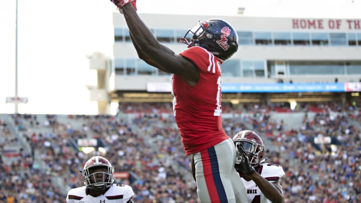 OXFORD, MS – SEPTEMBER 8: D.K. Metcalf #14 of the Mississippi Rebels catches a pass for a touchdown during a game against the Southern Illinois Salukis at Vaught-Hemingway Stadium on September 8, 2018 in Oxford, Mississippi. The Rebels defeated the Salukis 76-41. (Photo by Wesley Hitt/Getty Images)