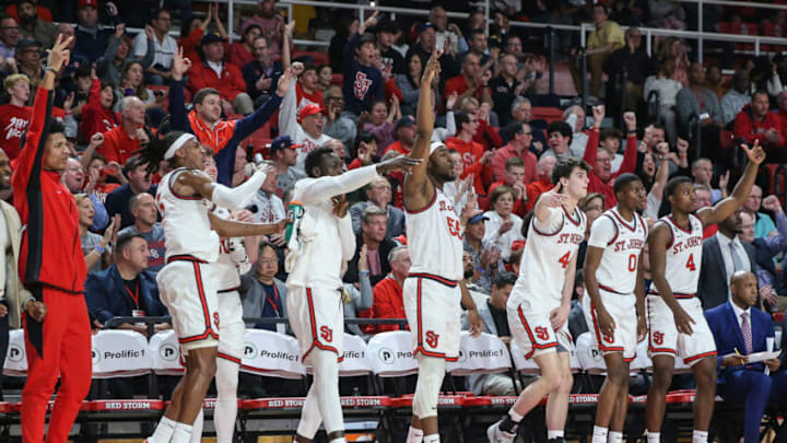 Nov 7, 2023; Queens, New York, USA; St. John's Red Storm players celebrate in the second half against the Stony Brook Seawolves at Carnesecca Arena. Mandatory Credit: Wendell Cruz-USA TODAY Sports