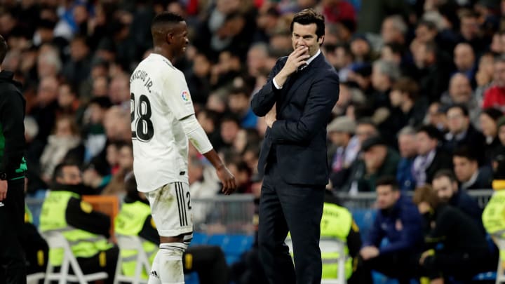 MADRID, SPAIN – JANUARY 24: (L-R) Vinicius Junior of Real Madrid, coach Santiago Solari of Real Madrid during the Spanish Copa del Rey match between Real Madrid v Girona at the Santiago Bernabeu on January 24, 2019 in Madrid Spain (Photo by David S. Bustamante/Soccrates/Getty Images)