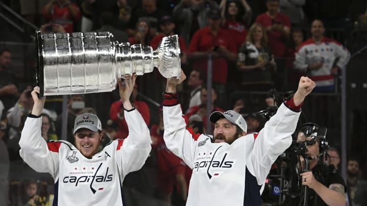 LAS VEGAS, VA – JUNE 7:Washington Capitals center Nicklas Backstrom (19) and Washington Capitals left wing Alex Ovechkin (8) hoist the Stanley Cup after winning Game 5 of the Stanley Cup Final between the Washington Capitals and the Vegas Golden Knights at T-Mobile Arena on Thursday, June 7, 2018. (Photo by Toni L. Sandys/The Washington Post via Getty Images)