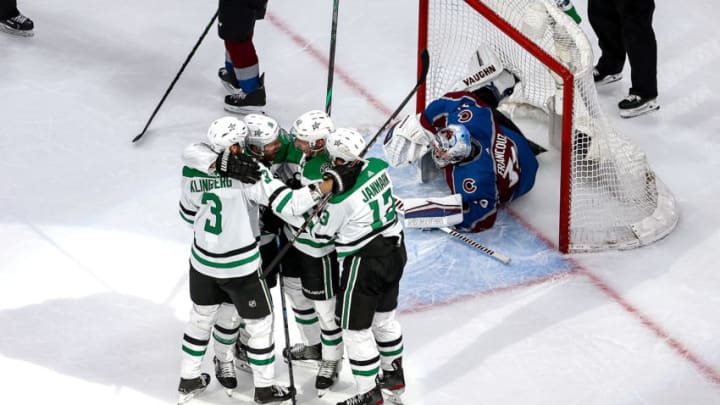 EDMONTON, ALBERTA - AUGUST 24: Esa Lindell #23 of the Dallas Stars celebrates with his teammates after scoring a goal past Pavel Francouz #39 of the Colorado Avalanche during the second period in Game Two of the Western Conference Second Round during the 2020 NHL Stanley Cup Playoffs at Rogers Place on August 24, 2020 in Edmonton, Alberta, Canada. (Photo by Bruce Bennett/Getty Images)