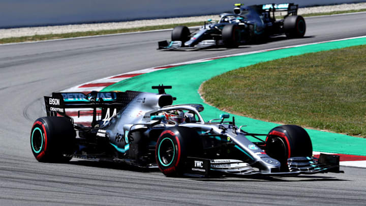 BARCELONA, SPAIN - MAY 12: Lewis Hamilton of Great Britain driving the (44) Mercedes AMG Petronas F1 Team Mercedes W10 leads Valtteri Bottas driving the (77) Mercedes AMG Petronas F1 Team Mercedes W10 (Photo by Mark Thompson/Getty Images)