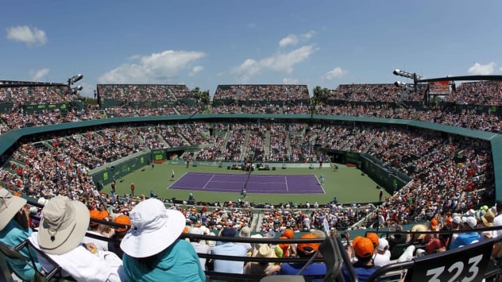 Apr 5, 2015; Key Biscayne, FL, USA; A general view of the stadium court during the match between Novak Djokovic and Andy Murray in the men