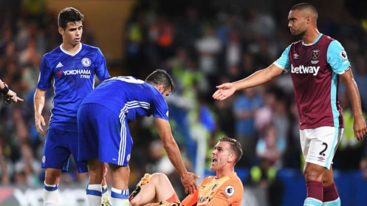 LONDON, ENGLAND - AUGUST 15: Adrian of West Ham United reacts to a tackle by Diego Costa of Chelsea by showing the scar during the Premier League match between Chelsea and West Ham United at Stamford Bridge on August 15, 2016 in London, England. (Photo by Michael Regan/Getty Images)