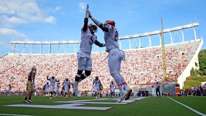 Sep 17, 2016; Blacksburg, VA, USA; Virginia Tech Hokies tight end Chris Cunningham (85) celebrates with wide receiver Cam Phillips (5) after scoring a touchdown against the Boston College Eagles during the third quarter at Lane Stadium. Mandatory Credit: Peter Casey-USA TODAY Sports