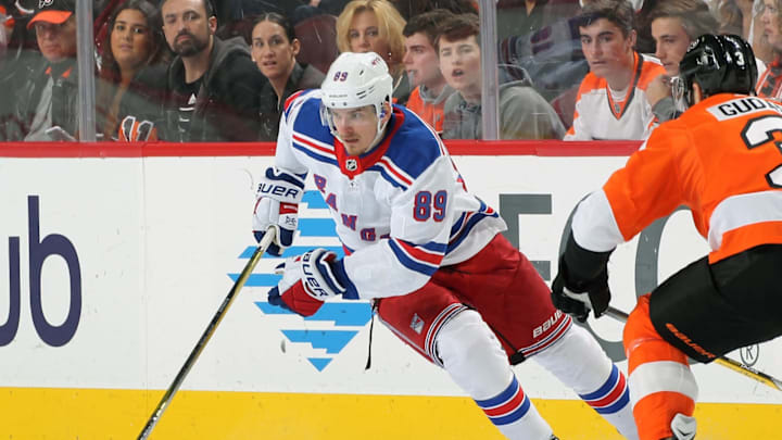 PHILADELPHIA, PA – APRIL 07: Pavel Buchnevich #89 of the New York Rangers skates the puck against the Philadelphia Flyers on April 7, 2018 at the Wells Fargo Center in Philadelphia, Pennsylvania. (Photo by Len Redkoles/NHLI via Getty Images)