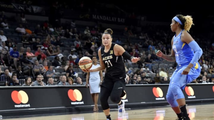 LAS VEGAS, NV - JULY 5: Kayla McBride #21 of the Las Vegas Aces goes to the basket against the Chicago Sky on July 5, 2018 at the Mandalay Bay Events Center in Las Vegas, Nevada. NOTE TO USER: User expressly acknowledges and agrees that, by downloading and or using this Photograph, user is consenting to the terms and conditions of the Getty Images License Agreement. Mandatory Copyright Notice: Copyright 2018 NBAE (Photo by David Becker/NBAE via Getty Images)