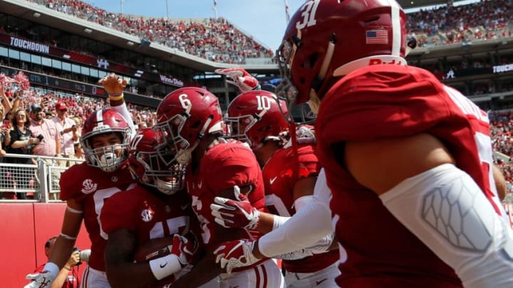 TUSCALOOSA, AL - SEPTEMBER 29: Jaylen Waddle #17 of the Alabama Crimson Tide reacts with teammates after returning a punt for a touchdown against the Louisiana Ragin Cajuns at Bryant-Denny Stadium on September 29, 2018 in Tuscaloosa, Alabama. (Photo by Kevin C. Cox/Getty Images)