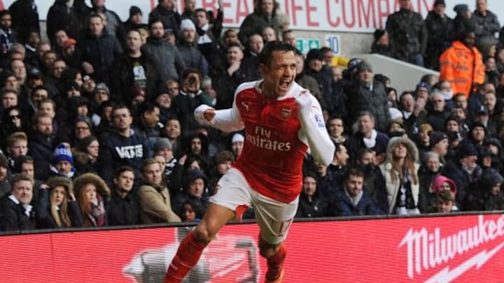 LONDON, ENGLAND - MARCH 06: Alexis Sanchez celebrates scoring the 2nd Arsenal goal during the Barclays Premier League match between Tottenham Hotspur and Arsenal at White Hart Lane on March 6, 2016 in London, England. (Photo by Stuart MacFarlane/Arsenal FC via Getty Images)