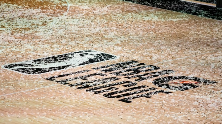 Denver Nuggets: The NBA G League logo is covered in confetti after the 2020 Final. (Mary Holt-USA TODAY Sports)