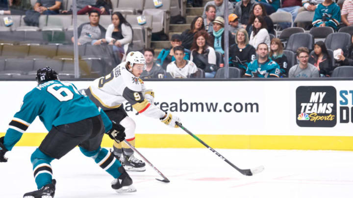 SAN JOSE, CA - SEPTEMBER 21: Vegas Golden Knights center Cody Glass (9) skates around San Jose Sharks defenseman Jacob Middleton (67) during the San Jose Sharks game versus the Vegas Golden Knights on September 21, 2019, at SAP Center at San Jose in San Jose, CA." (Photo by Matt Cohen/Icon Sportswire via Getty Images)