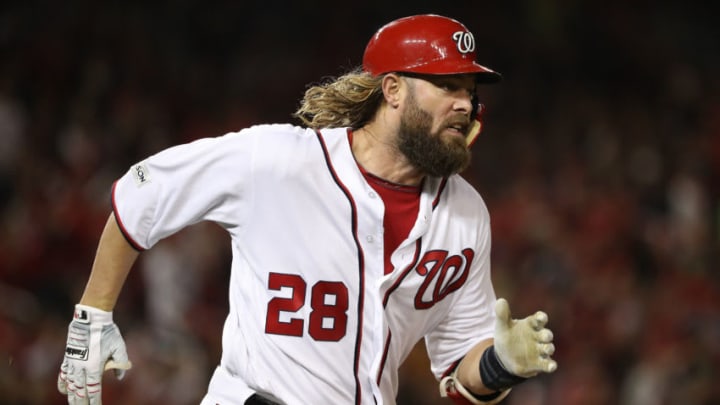 WASHINGTON, DC - OCTOBER 12: Jayson Werth #28 of the Washington Nationals runs after hitting a single against the Chicago Cubs during the fourth inning in game five of the National League Division Series at Nationals Park on October 12, 2017 in Washington, DC. (Photo by Patrick Smith/Getty Images)